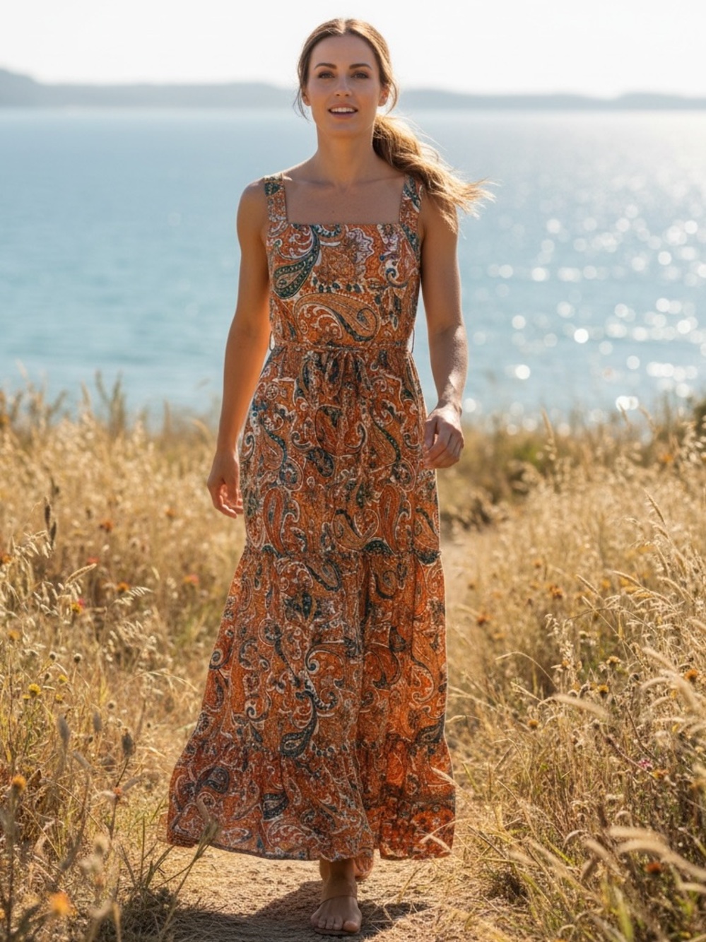 Band of the Free Orange/Teal Paisley Bohemian Tiered Maxi Dress NWT XS